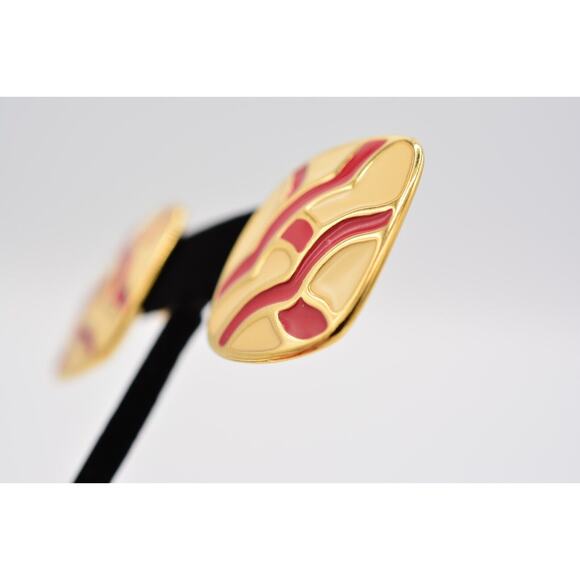 Monet Vintage Earrings Red Off White Cream Enamel Gold Chunky Tone 1970s BinAO - Picture 9 of 12
